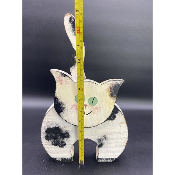 Halloween White, Black Cat Hand Painted Wooden Kitty Lover Wood Figure 9” - Picture 7 of 11